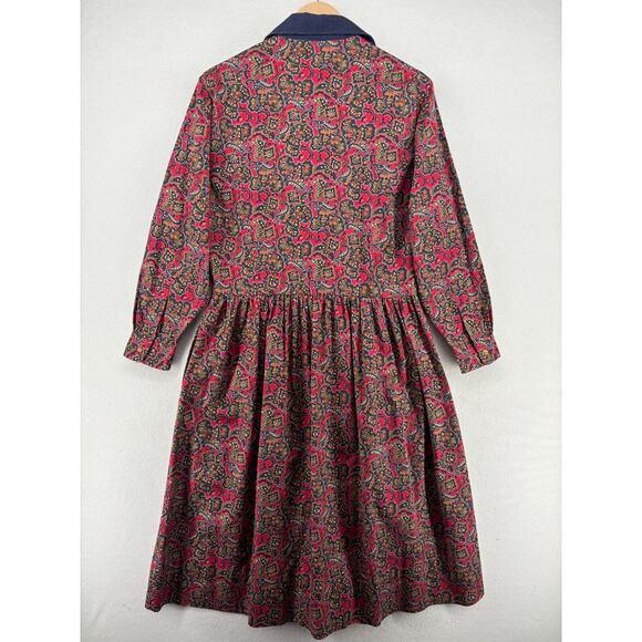 EDDIE BAUER Dress S Twill Paisley Fit & Flare Cottagecore Long Sleeve Cotton Red - Picture 2 of 13